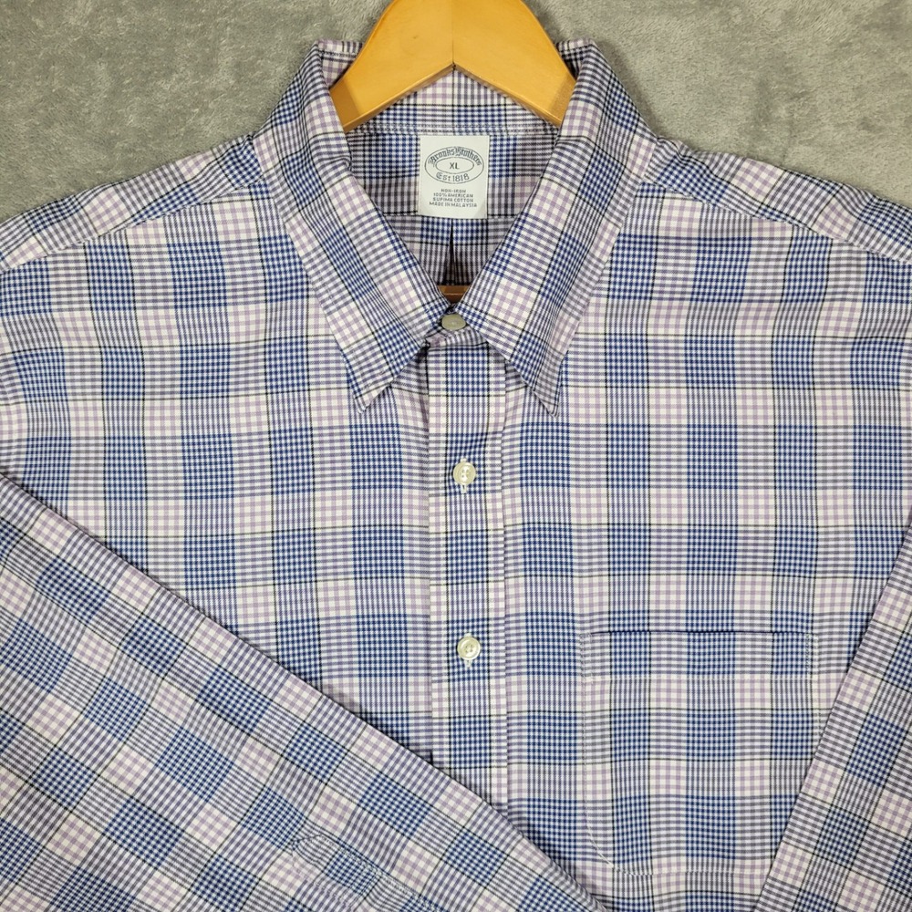 Brooks Brothers Button Up Mens XL Purple Plaid Non-Iron Supima Cotton Shirt